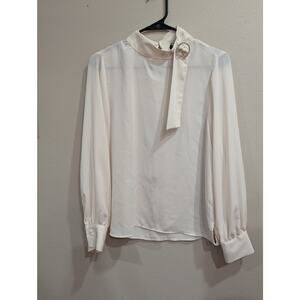 Gorgeous cream color long sleeve secretary blouse w/rhinestone brooch detailing